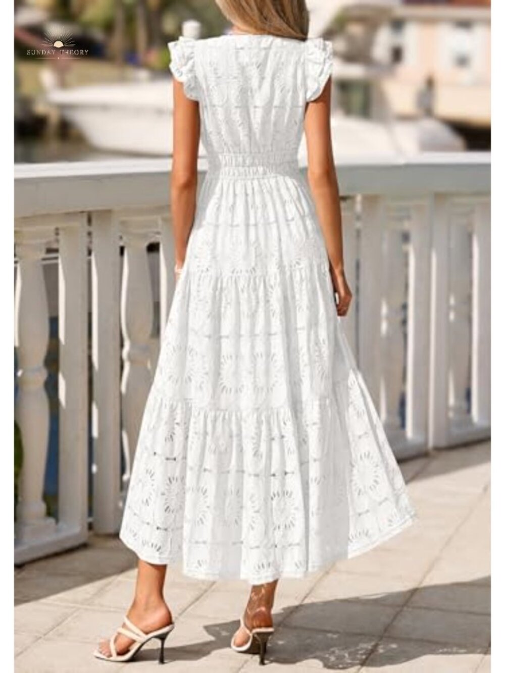 Women's Boho Eyelet Lace Maxi Dress V-Neck Flutter Sleeve Fit & Flare - Picture 3 of 6